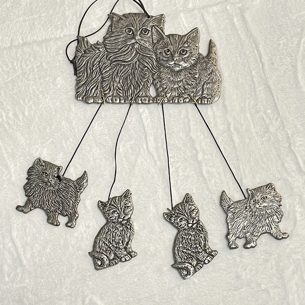 Cats Vintage 1994 Carson Pewter Metal Wind Chime kittens basket